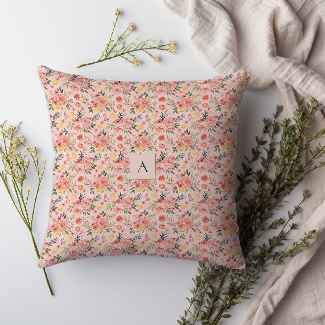 Lemon  Floral pink Peony rustic Pattern monogram Cushion (The pretty pink design is bursting with lemons, sweet little flowers, and lovely peonies/)