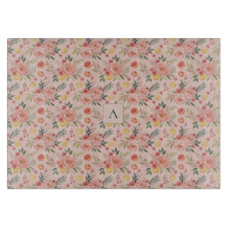 Lemon  Floral pink Peony rustic Pattern monogram Cutting Board