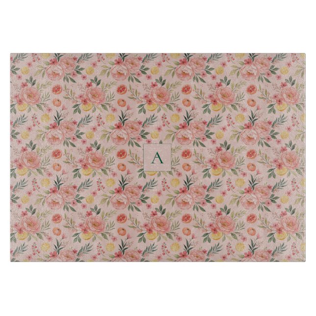 Lemon  Floral pink Peony rustic Pattern monogram Cutting Board (Front)
