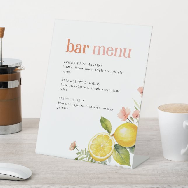 Lemon Floral | Retro Pink Cocktail Bar Menu Pedestal Sign (In SItu)