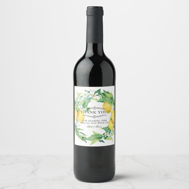 Lemon Floral Rustic Citrus Grove Foliage Wedding Wine Label (Front)