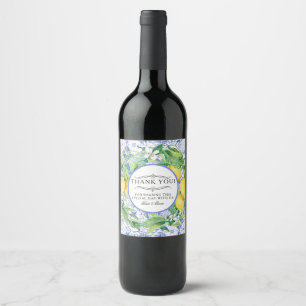 Lemon Floral Rustic Foliage Blue White Wedding Wine Label