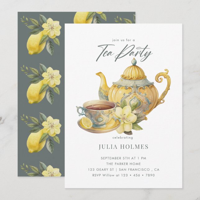 Lemon Floral | Teacup Tea Party Invitation (Front/Back)