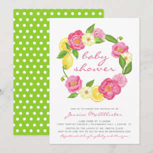 Lemon Floral Wreath Polkadot Girl Baby Shower Invitation