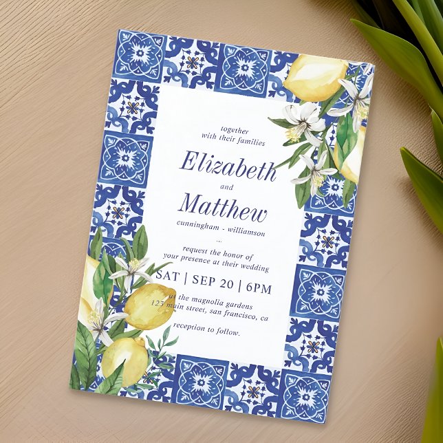 Lemon Foliage Blue Mediterranean Wedding Invitation (Creator Uploaded)