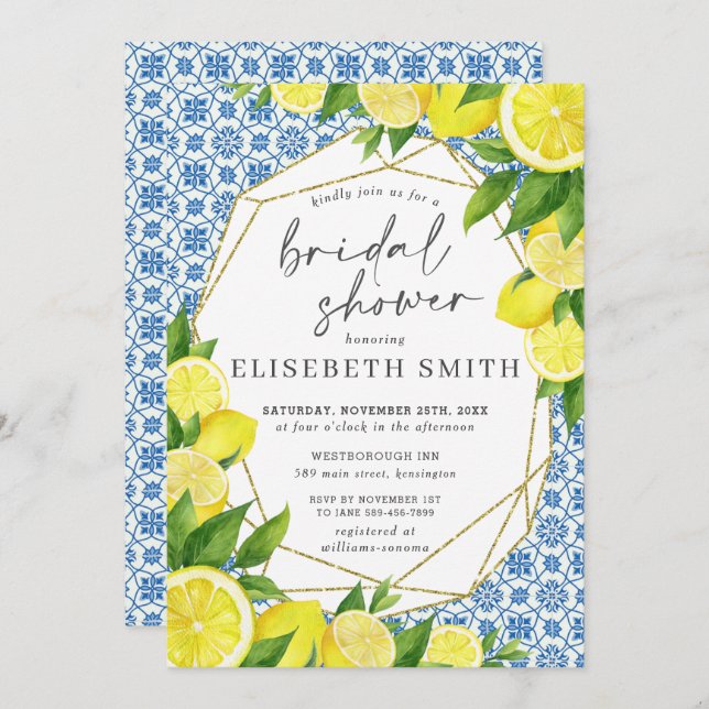 Lemon Foliage Mediterranean Bridal Shower Invitati Invitation (Front/Back)