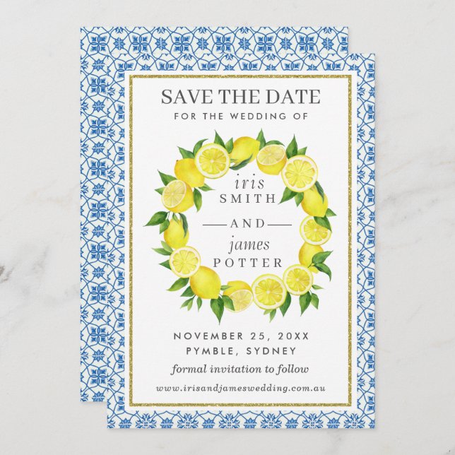 Lemon Foliage Mediterranean  Save The Date Card (Front/Back)