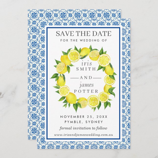 Lemon Foliage Mediterranean  Save The Date Card (Front/Back)