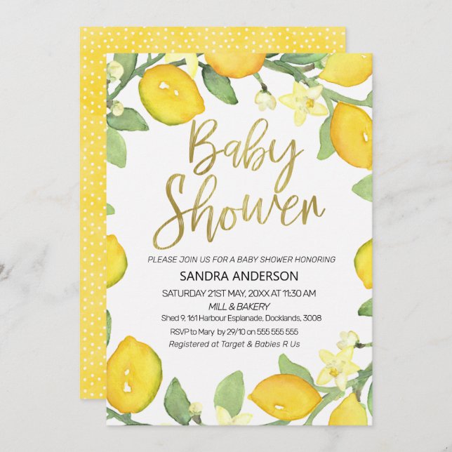 Lemon foliage wreath baby shower invitation (Front/Back)