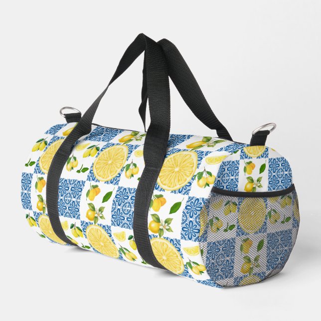 Lemon French Country Tile Elegant Modern Pattern Duffle Bag (Right Corner)