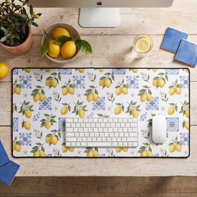 Lemon French Country Tile Pattern Yellow Blue  Desk Mat (Creator Uploaded)