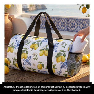 Lemon French Country Tile Pattern Yellow Blue Duffle Bag