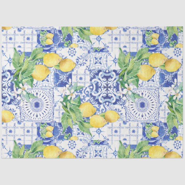 Lemon French Farmhouse Blue n White Tile Decoupage Tissue Paper (Front)