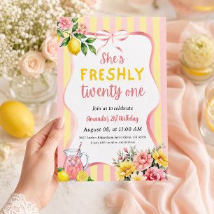 Lemon Freshly 21 Floral Pink Lemonade Birthday Invitation