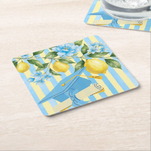 Lemon Freshly Graduated Blue Stripe Graduation Square Paper Coaster