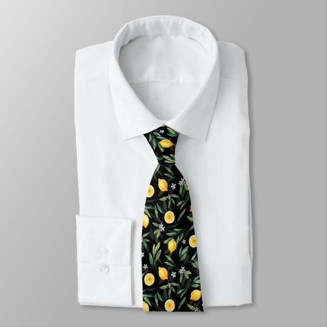 Lemon Fruit and Lemon Blossom Elegant Black Tie (Tied)