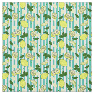 Lemon Fruit and Slices on Teal and White Stripes Fabric