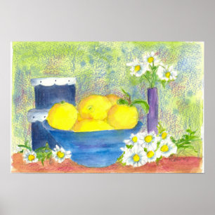 Lemon Fruit Bowl Daisy Vintage Hatbox Watercolor Poster