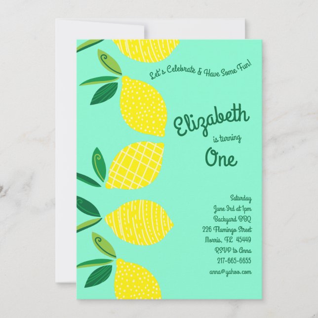 Lemon Fruit Cute Kids 1st Birthday Party Invitation (Front)