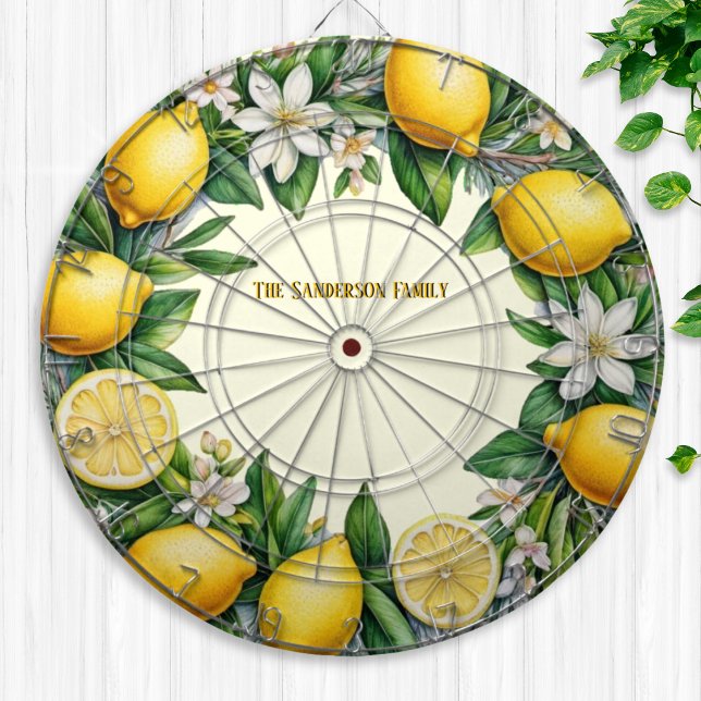 Lemon Fruit Flowers and Leaves Fresh Citrus Yellow Dartboard (A personalized dartboard with illustration of citrus lemon fruits, blossom flowers and leaves)