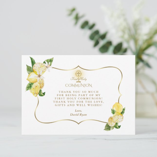 Lemon Fruit Flowers Gold Cross Boy Holy Communion  Thank You Card (Standing Front)