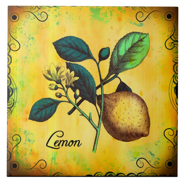 Lemon Fruit Flowers Leaves Vintage Botanical Tile (Front)