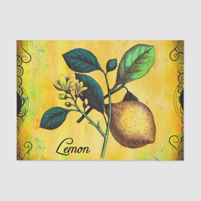 Lemon Fruit Flowers Leaves Vintage Botanical Tissue Paper (Front)