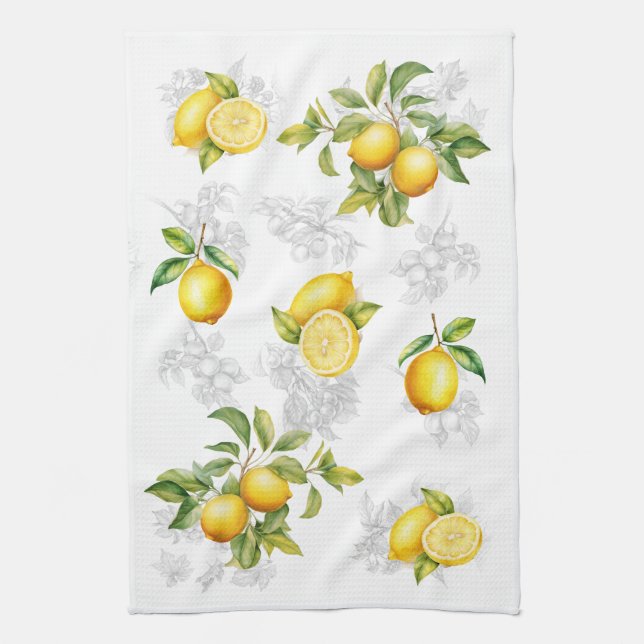 Lemon & Fruit Kitchen Towel White Yellow Grey (Vertical)