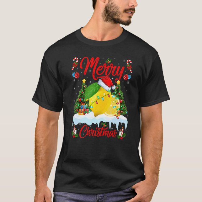 Lemon Fruit Lights Xmas Tree Santa Lemon Christmas T-Shirt (Front)