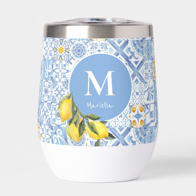 Lemon fruit monogram, blue tile (Front)