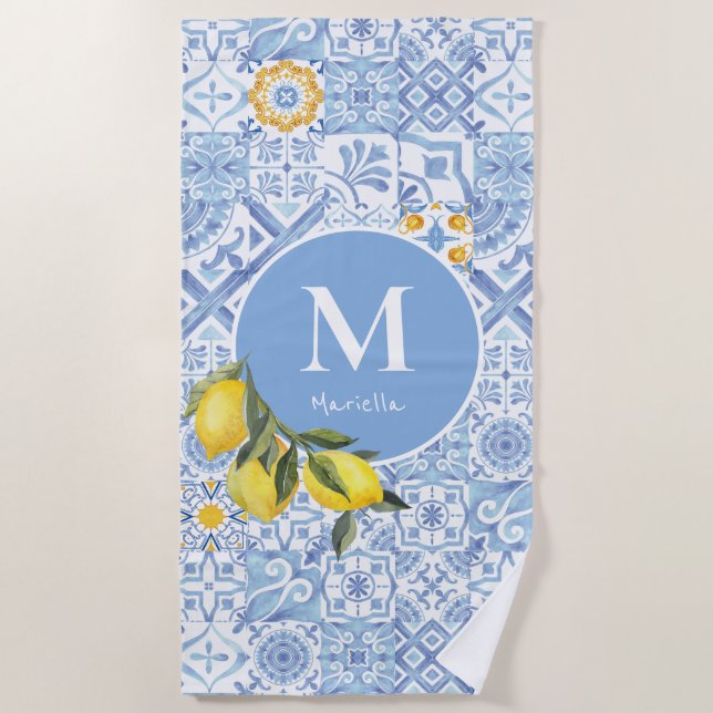 Lemon fruit monogram, blue tile beach towel (Front)