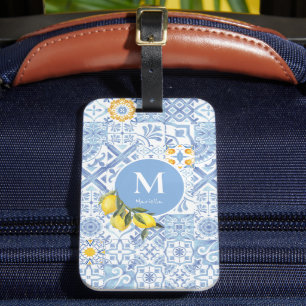 Lemon fruit monogram, blue tile luggage tag