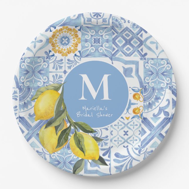 Lemon fruit monogram, blue tile paper plate (Front)