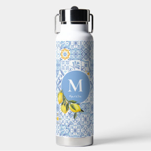 Lemon fruit monogram, blue tile water bottle