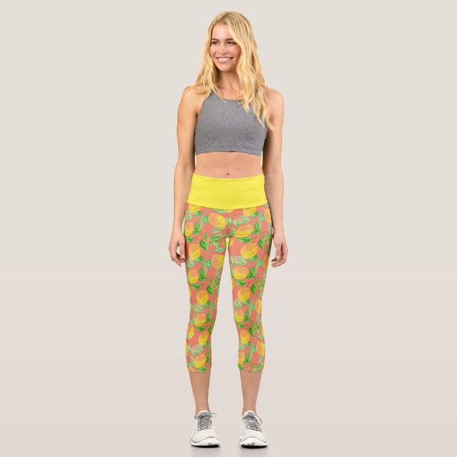 Lemon fruit pattern yellow and peach pink capri leggings (Front)