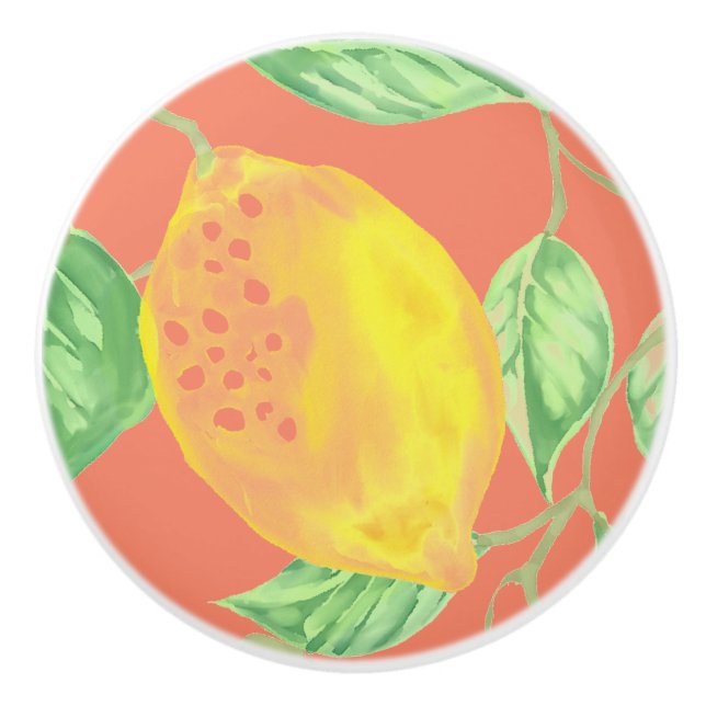 Lemon fruit pattern yellow and peach pink ceramic knob (Front)