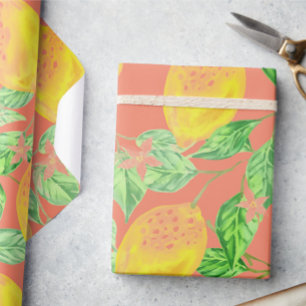 Lemon fruit pattern yellow and peach pink wrapping paper