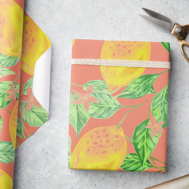 Lemon fruit pattern yellow and peach pink wrapping paper (Creator Uploaded)