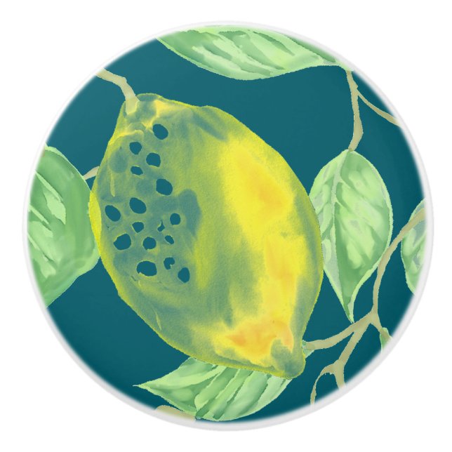 Lemon fruit pattern yellow blue green ceramic knob (Front)