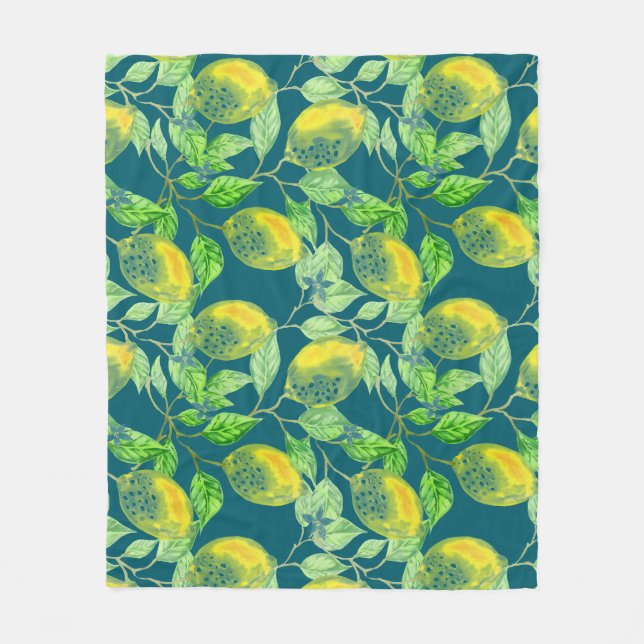 Lemon fruit pattern yellow blue green fleece blanket (Front)