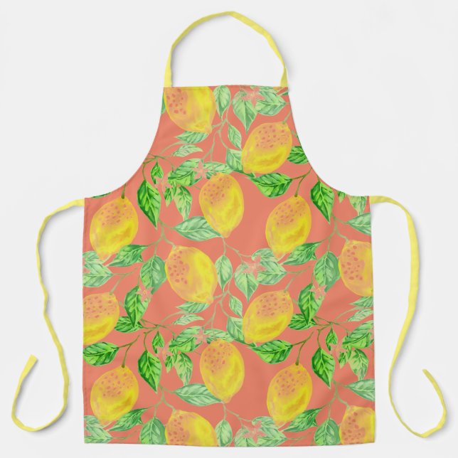 Lemon fruit pattern yellow peach green apron (Front)