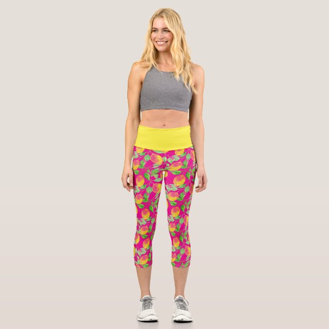 Lemon fruit pattern yellow pink green capri leggings (Front)