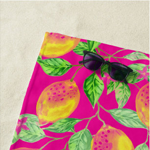 Lemon fruit pattern yellow pink green vintage beach towel