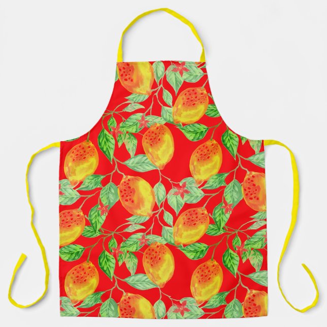Lemon fruit pattern yellow red green apron (Front)