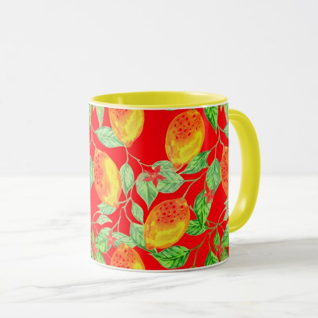 Lemon fruit pattern yellow red vintage mug (Front Right)