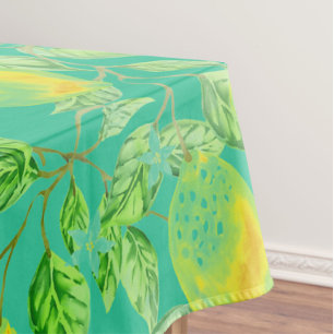 Lemon fruit pattern yellow turquoise vintage tablecloth