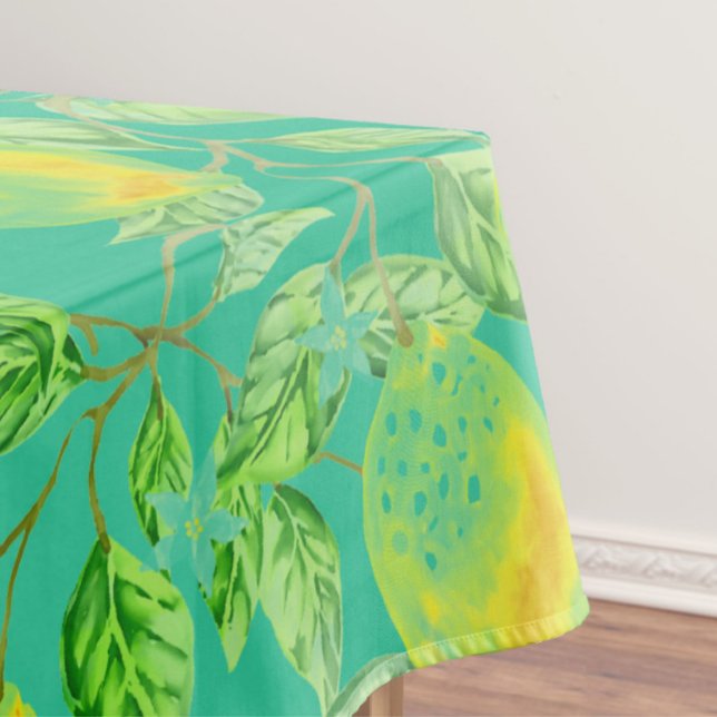 Lemon fruit pattern yellow turquoise vintage tablecloth (Creator Uploaded)