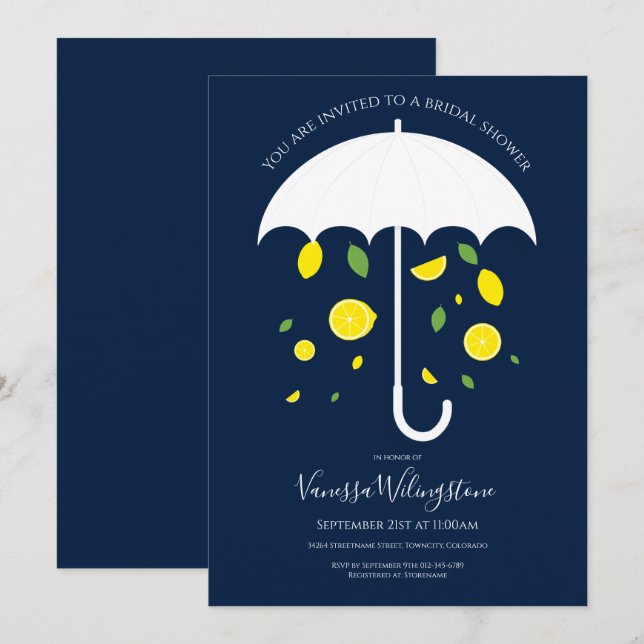 Lemon Fruit Umbrella Blue White Bridal Shower Invitation (Front/Back)