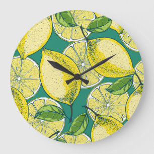 Lemon Fruit Vintage Seamless Illustration Large Clock