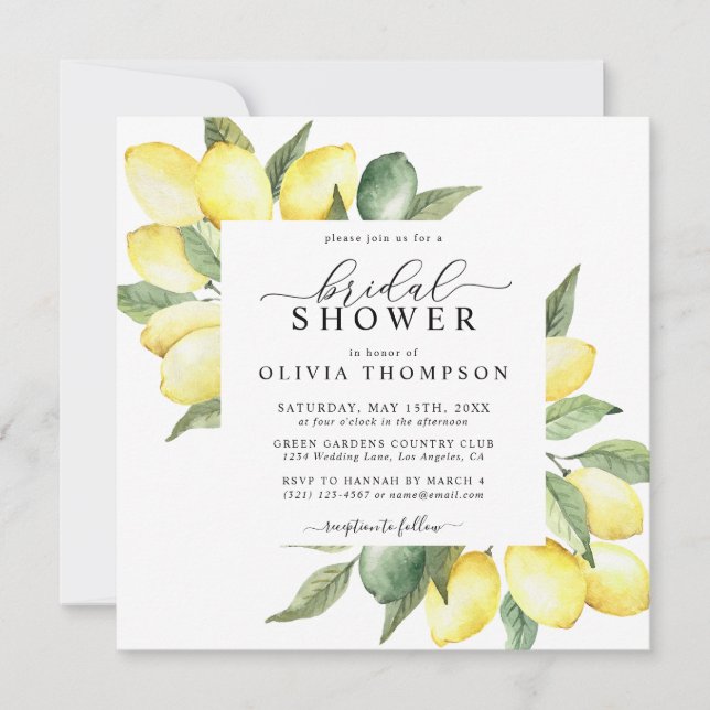Lemon Fruit Watercolor Elegant Boho Bridal Shower Invitation (Front)